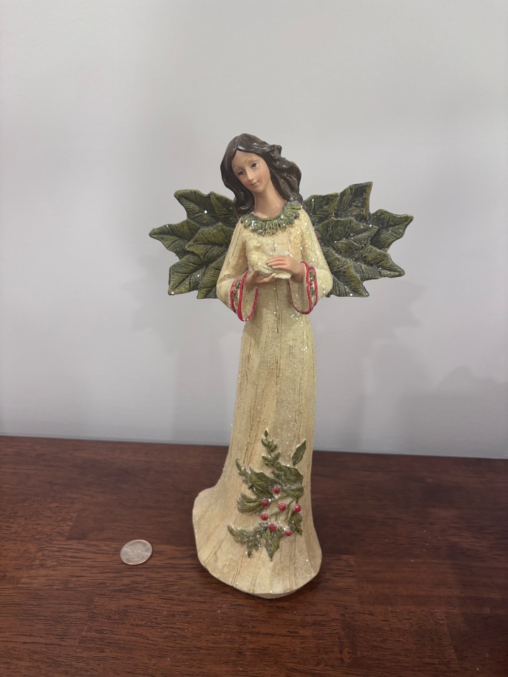 Holiday Angel Figurine - Cream with Green Wings